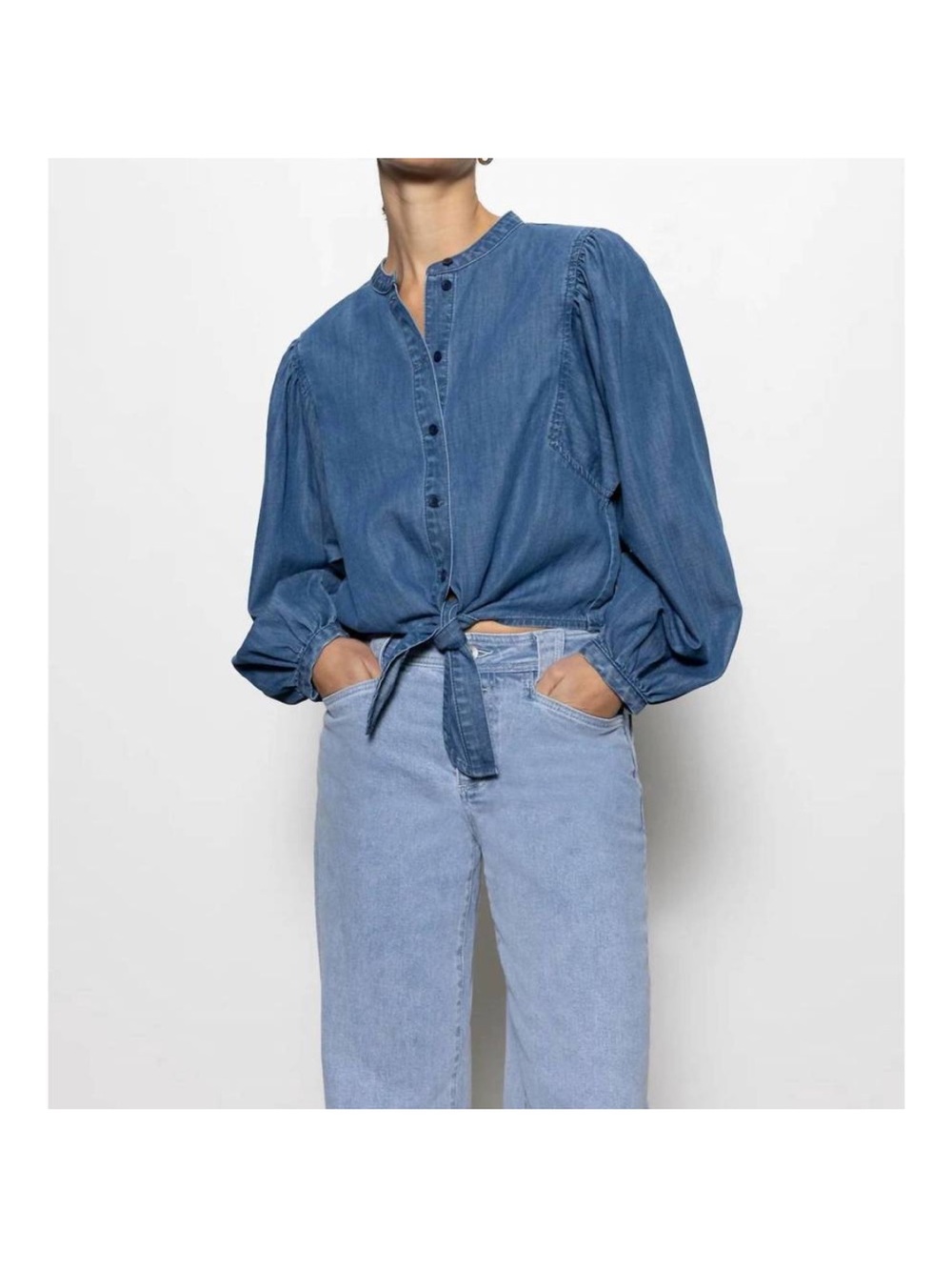 SANCTUARY tie-front volume blouse in blue slate size Small EVEREVE New